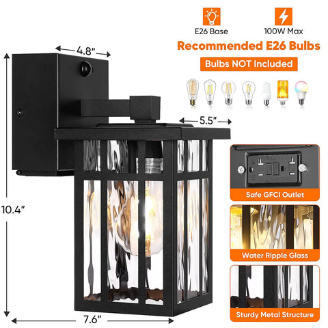 Heavy Duty Matte Black Motion Sensor Outdoor Wall Light With Built In GFCI Outlet, dimensions 10.4x7.6x4.8 inches, with water ripple glass.