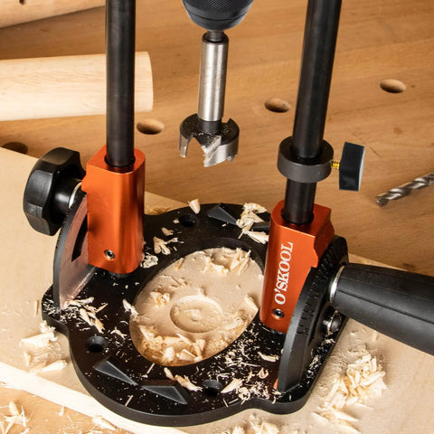 Portable Multi Angle Drill Guide With 60 Degree Adjustable Stand in use on wooden surface showing precise alignment and drilling