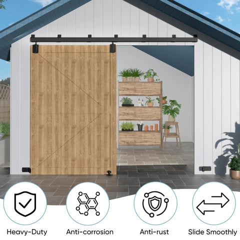 Outdoor Heavy Duty Exterior Barn Door Hardware Kit With Box Rail System For One Door Not Included 450 Lbs Capacity Black Weather Resistant Finish Ideal For Sheds Garages Stables And Outdoor Barns on a shed door