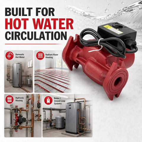 Heavy Duty Hot Water Circulation Pump Made Tough To Crush High Head Loads One Eighth HP 115 Volt Plug And Play direct view of red pump for hydronic heating.