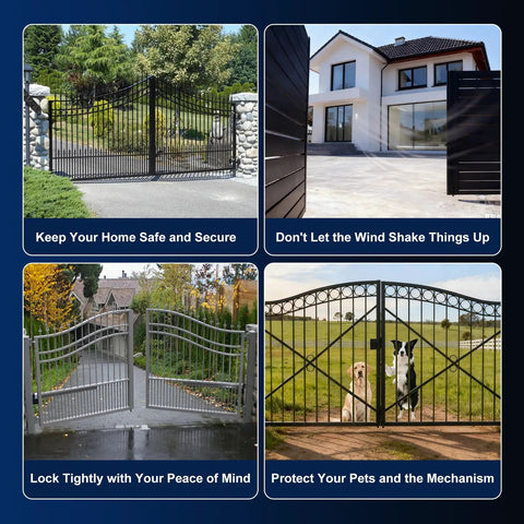 Image showing four different swing gates with captions about security and gate stability, highlighting the Universal Automatic Electric Gate Lock System For 12 24V Swing Gates Works With Mighty Mule Jujiang Topens CO Z Gyxel And More Auto Lock Unlock Safe Security Gate Opener Accessory.