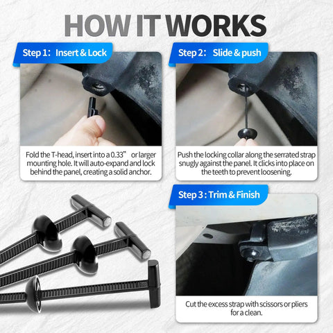 Instruction on using DIY Friendly Double-Sided Nylon Universal Cable Tie Buckles 120 Pack for automotive repairs.