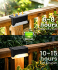 Real Deal Solar Deck Lights For Outdoor Yard And Fence Featuring Waterproof 16 Pack Warm White 4 Led Bulbs Per Unit With Wide Coverage And No Sweat Setup For Total Backyard Chill Atmosphere on wooden railing with solar panel.