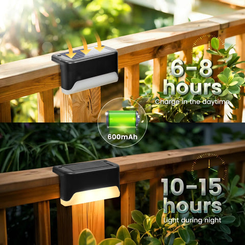 Real Deal Solar Deck Lights For Outdoor Yard And Fence Featuring Waterproof 16 Pack Warm White 4 Led Bulbs Per Unit With Wide Coverage And No Sweat Setup For Total Backyard Chill Atmosphere on wooden railing with solar panel.