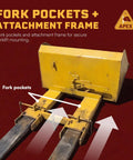 Heavy Duty Front Loading Forklift Bucket Half Cubic Yard Capacity 45 Inch Wide Self Dumping Scoop showing fork pockets and attachment frame.