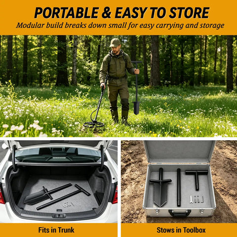 Collage showcasing V Shaped Tip Serrated Garden Shovel 39 Inch Root Slayer Spade Lightweight Durable Digging Tool portability and storage