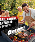Man grilling with Massive Three Piece Grill Basket Set For Outdoor Grillin Heavy Duty Nonstick Veggie Pans With Riveted Handles Warp Resistant BBQ Accessories For Veggies Seafood And Meat Perfect For Family Cookouts And Backyard Barbecues