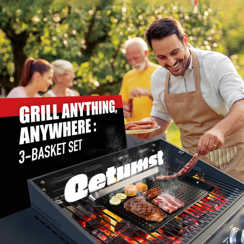 Man grilling with Massive Three Piece Grill Basket Set For Outdoor Grillin Heavy Duty Nonstick Veggie Pans With Riveted Handles Warp Resistant BBQ Accessories For Veggies Seafood And Meat Perfect For Family Cookouts And Backyard Barbecues