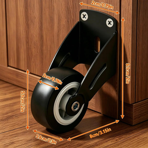 Heavy Duty 2 Inch Anti Sag Gate Wheel Set Of 4 To Straighten Up Saggy Fences Restore Smooth As Butter Glide Action On Chicken Coops Sheds And Barn Doors For Easy Backyard Projects, showing mounted black wheel with dimensions.