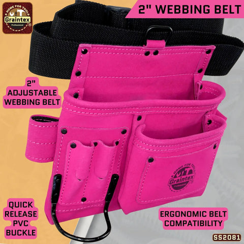 Pink Suede Leather 5 Pocket Tool Belt Bag For Women And Men with adjustable webbing belt and quick release buckle