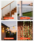 Heavy Duty 165 Ft 304 Stainless Steel Wire Cable 7x7 Three Thirty-Second Inch For String Light Hanging Kit Waterproof PVC Jacket 450 Lbs Breaking Strength Ideal For Deck Railings Garden Trellis And Outdoor Patio Lights shown in various applications such as indoor staircases, deck railings, string light hanging, and plant growth sections.