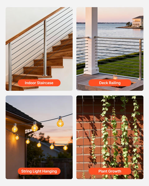 Heavy Duty 165 Ft 304 Stainless Steel Wire Cable 7x7 Three Thirty-Second Inch For String Light Hanging Kit Waterproof PVC Jacket 450 Lbs Breaking Strength Ideal For Deck Railings Garden Trellis And Outdoor Patio Lights shown in various applications such as indoor staircases, deck railings, string light hanging, and plant growth sections.