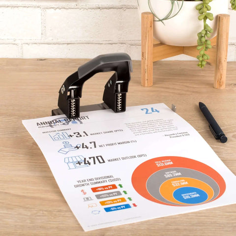 2 Hole Punch For Papers With 28 Sheet Capacity, durable metal, comfortable padded handle, easy lock for storage, on desk with document