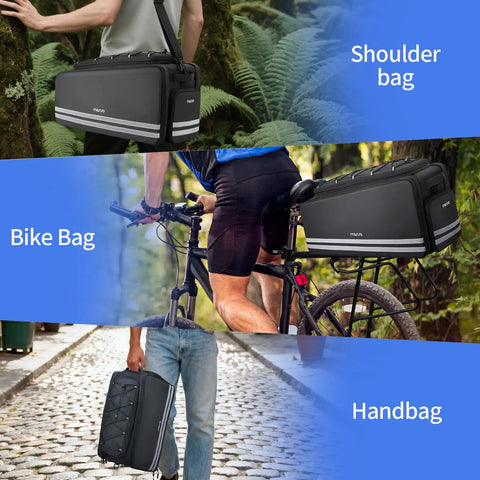 40L Bike Trunk Bag For Rear Rack With Foldable Panniers Ebike Battery Compatible Bag shown as shoulder bag, bike bag, and handbag