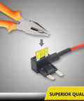12V Car Add A Circuit Fuse Tap Adapter Kit With Mini ATS Blade Fuse Holder Dual Slot demonstration next to pliers