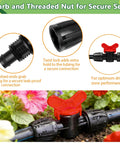 Thirteen Piece One Half Inch Drip Irrigation Shut Off Valves Kit With Barbed Lock Nut Connectors For One Half Inch Drip Tubing Fits 0.60 To 0.65 Inch Outer Diameter Garden System Anti Drop Water Flow Control showing barbed ends, twist lock, and installed in garden