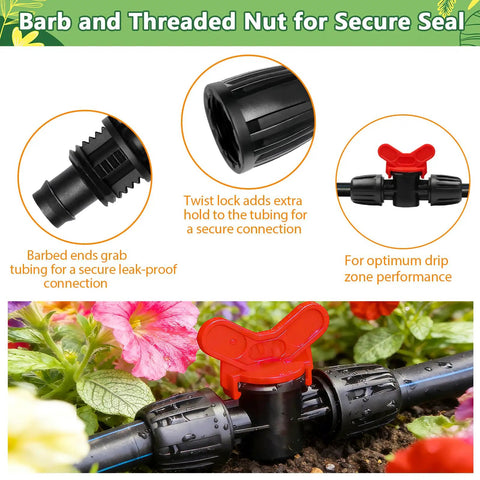 Thirteen Piece One Half Inch Drip Irrigation Shut Off Valves Kit With Barbed Lock Nut Connectors For One Half Inch Drip Tubing Fits 0.60 To 0.65 Inch Outer Diameter Garden System Anti Drop Water Flow Control showing barbed ends, twist lock, and installed in garden