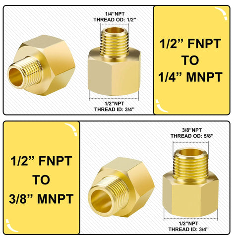Brass reducers showing 1/2 FNPT to 1/4 MNPT and 1/2 FNPT to 3/8 MNPT for Hybrid Air Hose One Half Inch By Four Feet With One Half Inch MNPT Ends.