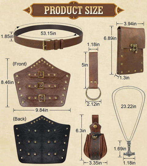 Size chart of Top Shelf Medieval Adventurer Kit with leather belt, arm bracers, coin purse, keychain, and locket.