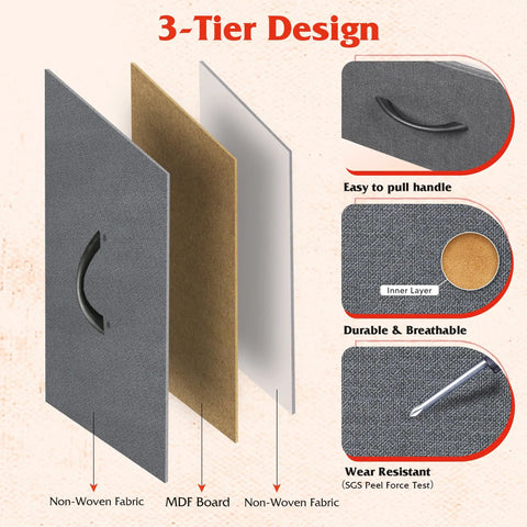 Three-tier design of Five Drawer Fabric Dresser for Bedroom and Closet Storage showing non-woven fabric, MDF board, and handle.