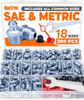 Open plastic case displaying Grease Fittings Kit 280Pcs SAE And Metric Zerk Fittings With Caps And Wrench, 18 Standard Sizes