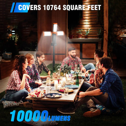 Rugged 12000mAh Camping Light With Stand Crazy Bright 10000 Lumen Dimmable Cordless Work Light With Three LED Heads in outdoor evening setting.