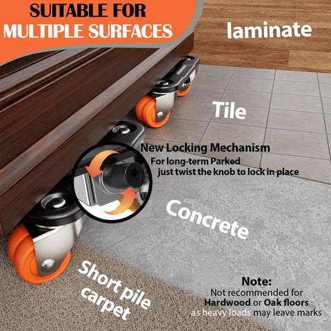 Awesome Heavy Duty Furniture Movers Dolly Set With Auxiliary Lifter Crowbar Base And Anti-Slip Pads Supports Up To 2200 Lbs XL showing dual wheeled casters on various surfaces.