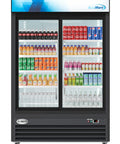 Top Shelf Commercial Glass Two Door Display Refrigerator And Upright Beverage Cooler With Bright LED Lighting For Drinks Prepared Foods And Groceries Straight Up 45 Cubic Foot Capacity In Sleek Black Finish, showcasing beverages and snacks behind glass.