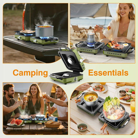 Two Burner Camping Stove With Windshield 20000 BTU Propane Camp Stove Portable Folding Gas Stove Includes Frying Pan Coffee Stand And Carry Bag Green Bundle in outdoor use with food and friends.
