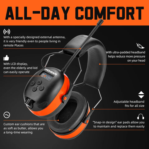 Upgraded Bluetooth Hearing Protection Headphones With AM FM Radio, 31 SNR Noise Reduction, adjustable headband, orange