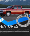 Rugged Stainless Steel Fuel Line Kit With Flexible Braided Lines next to red Chevy Silverado truck with mountain backdrop.