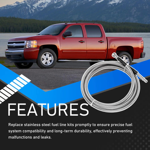 Rugged Stainless Steel Fuel Line Kit With Flexible Braided Lines next to red Chevy Silverado truck with mountain backdrop.