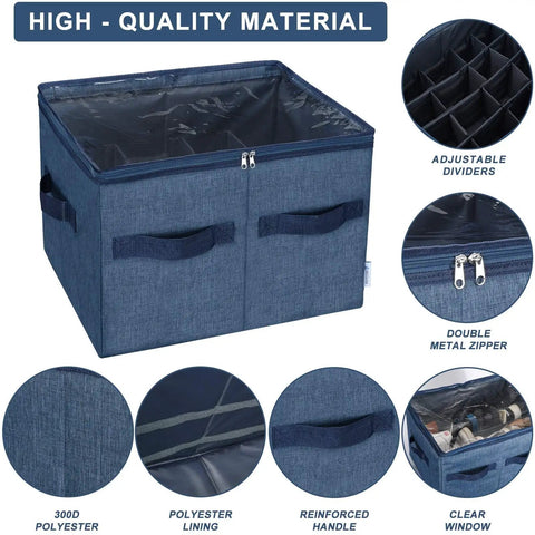 Game Changer Closet Shoe Organizer With Clear Cover And Adjustable Dividers Holds Up To 16 Pairs Navy Blue showing features