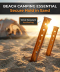 High Visibility Aluminum Tent Stakes 6-Pack, 12.6 Inch U-Shape sand-grip used on beach for dune camping setup.