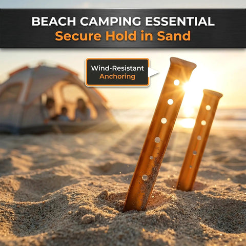 High Visibility Aluminum Tent Stakes 6-Pack, 12.6 Inch U-Shape sand-grip used on beach for dune camping setup.