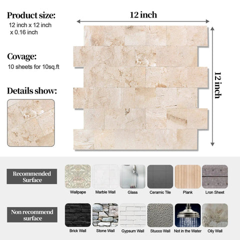 Peel And Stick Backsplash Tile Kit For Kitchen And Bathroom, Real Stone Or Wood Texture, 12x12 inches, 10 Sheets shown with recommended surfaces.