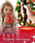 Handheld Milk Frother USB Rechargeable Electric Foam Wand For Coffee Nerds creating foam in red mug with child holding candy cane