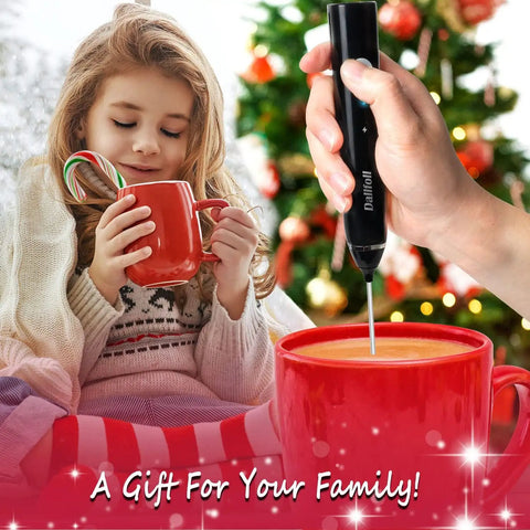 Handheld Milk Frother USB Rechargeable Electric Foam Wand For Coffee Nerds creating foam in red mug with child holding candy cane