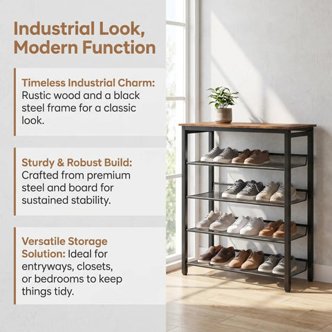 Boss-Level Five-Tier Industrial Shoe Rack With Metal Mesh Shelves, tall unit with shoes in entryway, rustic brown and black design