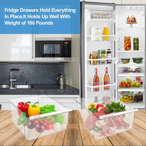 2 Pack Upgraded Fridge Crisper Drawer Upper Humidity Control Drawer And Lower Crisper Bin Replacement For Whirlpool Kenmore Refrigerators Compatible With WRS325FDAM04 Drawer Parts Premium Food Grade Durable Easy To Install, filled with fruits and vegetables, in kitchen setting next to open fridge.