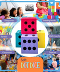 Jumbo Foam Dice Set For Classroom And Home Schooling 1.96 Inch Dice In Assorted Bright Colors Kid Friendly Lightweight And Quiet Play Toy For Math Games Learning Activities Kid Safe EVA Foam featuring colorful dice with classroom and play scenes.
