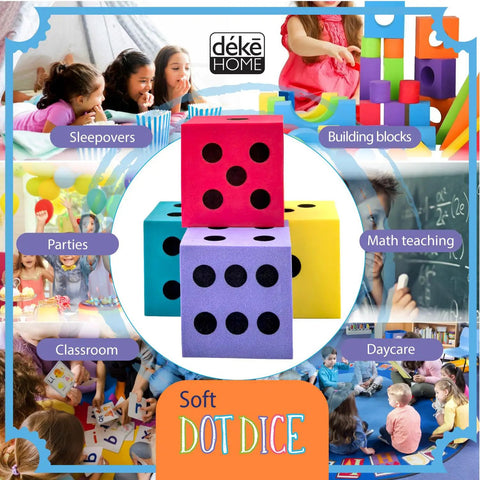 Jumbo Foam Dice Set For Classroom And Home Schooling 1.96 Inch Dice In Assorted Bright Colors Kid Friendly Lightweight And Quiet Play Toy For Math Games Learning Activities Kid Safe EVA Foam featuring colorful dice with classroom and play scenes.