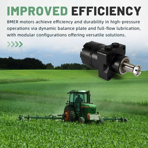 BMER3 350 WD T31 R Hydraulic Wheel Motor shown above a tractor in a field, highlighting industrial usage and efficiency.