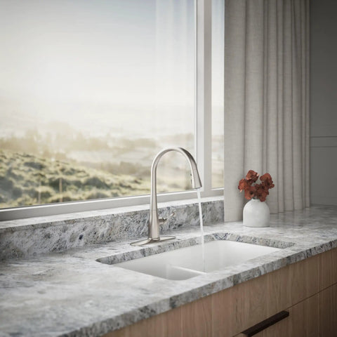 Works Like A Charm High Arch Kitchen Sink Faucet With Pull Down Sprayer And Three Spray Modes Brushed Stainless Steel Build, water pouring from faucet.