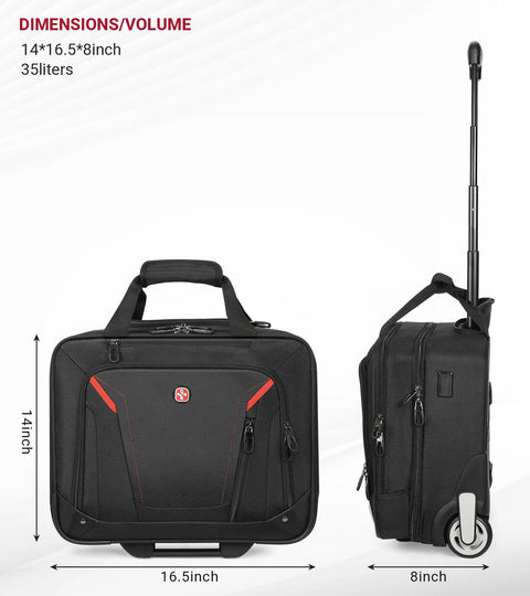 Star Cloud black rigid-frame rolling laptop bag with wheels; water-resistant, 14in high, 16.5in wide, 8in deep.