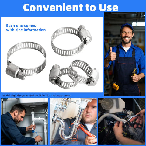 190-Piece Worm Gear Hose Clamp Set Beefy 304 Stainless Steel Heavy Duty Adjustable Clamps in use for plumbing and automotive.