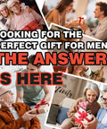 Collage of people giving gifts with text 'Looking for the perfect gift for men? The answer is here' overlaid.