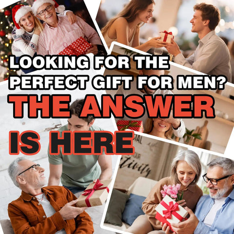 Collage of people giving gifts with text 'Looking for the perfect gift for men? The answer is here' overlaid.