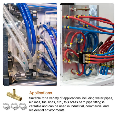 Industrial application of Durable Brass Tee Barb Fittings Three Way Reducer Kit with hoses and clamps visible.