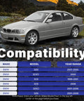 Silver BMW car in nature background with a compatibility chart for BMW 3 Series models from 1999 to 2006 shown below.